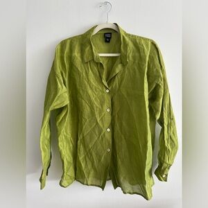 Eileen Fisher (Size M ) Linen Blend Button Down Chartreuse Lime Green Shirt